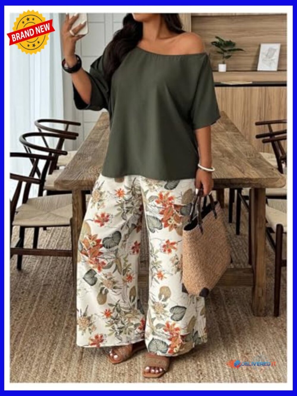 Plus Size 2 Piece Off Shoulder Top and Floral Pants Set Summer Vacation Outfits - Picture 3 of 5